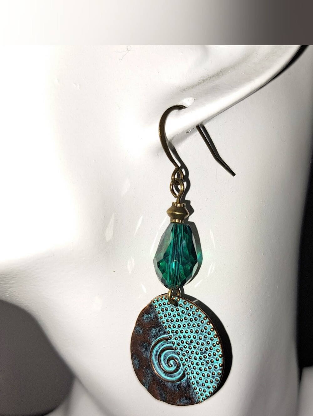 Turquoise Patina Bronze Earrings, Spiral Design with Teal Crystal Beads